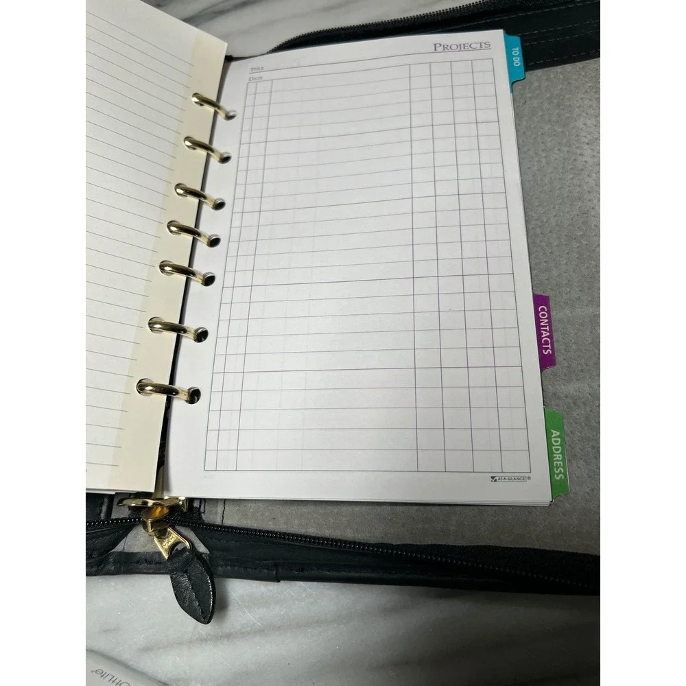 Black Genuine Leather Zip Around 7 Ring Binder Planner Organizer Portfolio VTG